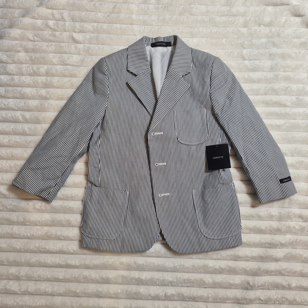 Claiborne Boys Seersucker‎ Blazer Navy White Stripe Jacket Size 5 NWT C321056